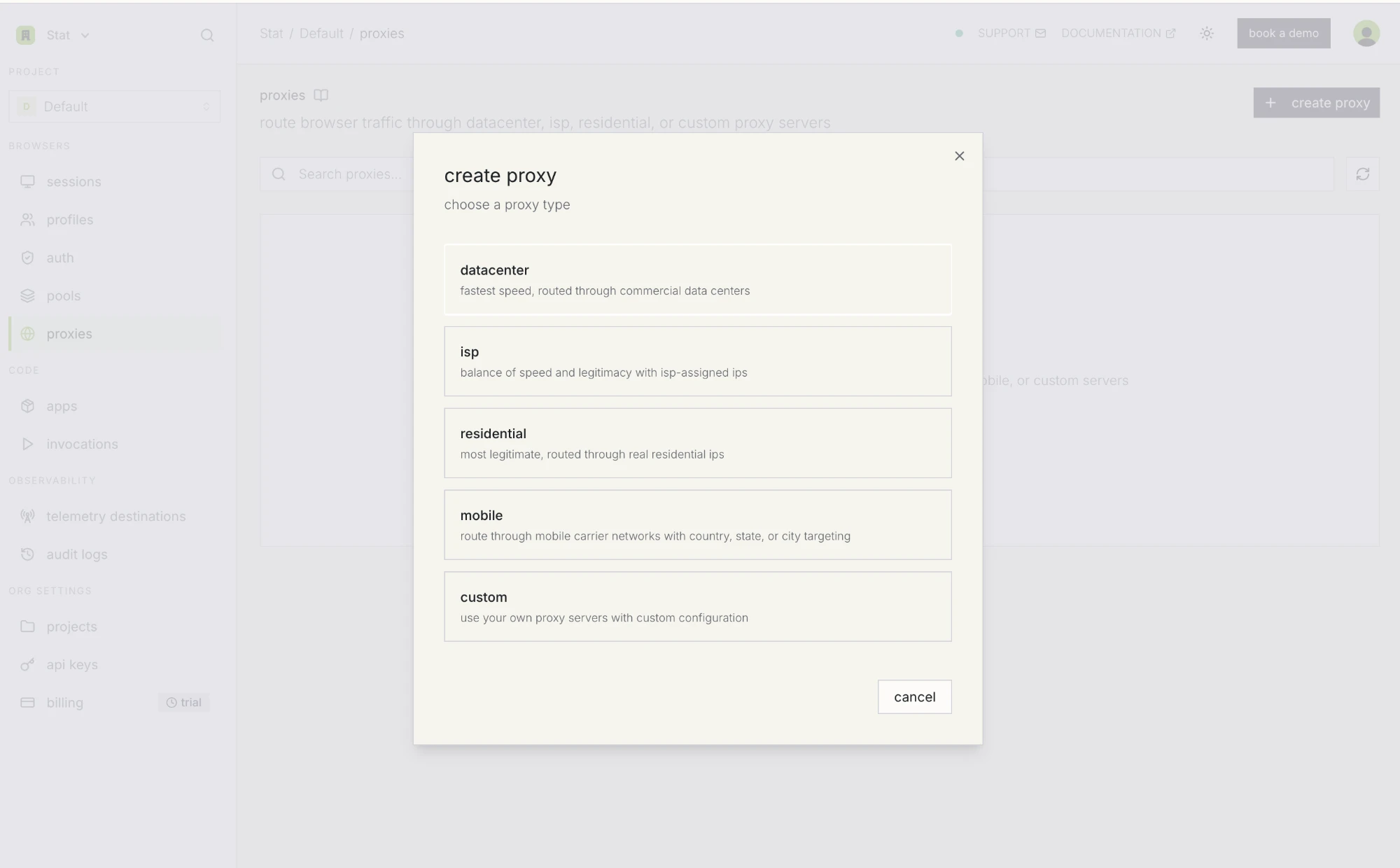 Step 3b: choose custom, at the bottom. The four above it are Kernel's managed pools. Kernel's create proxy dialog asking you to choose a proxy type: datacenter, isp, residential, mobile, or custom