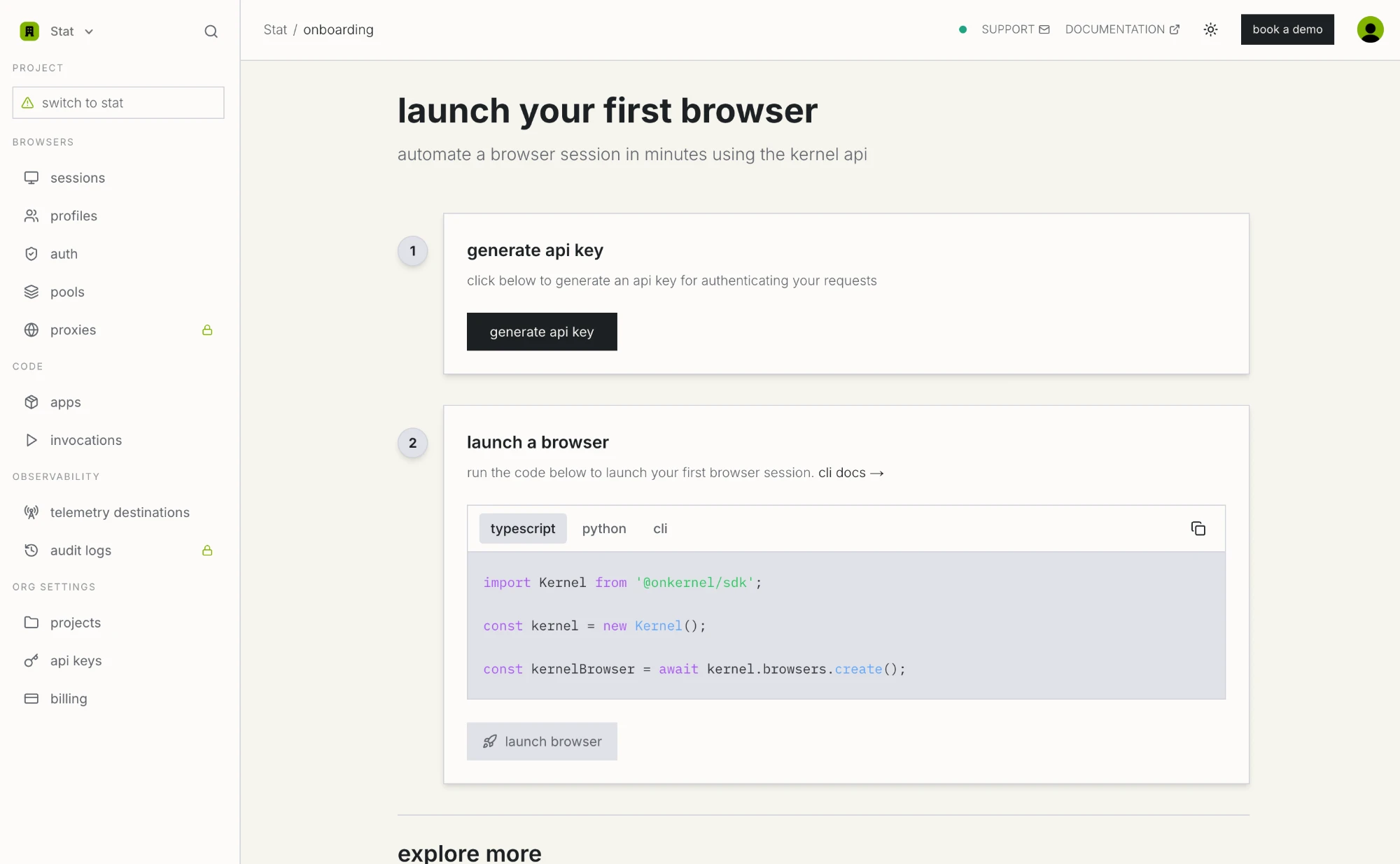 Kernel's onboarding screen. The API key you generate here is what the SDK and CLI authenticate with. The Kernel onboarding screen, showing the generate api key button and a first browser launch snippet