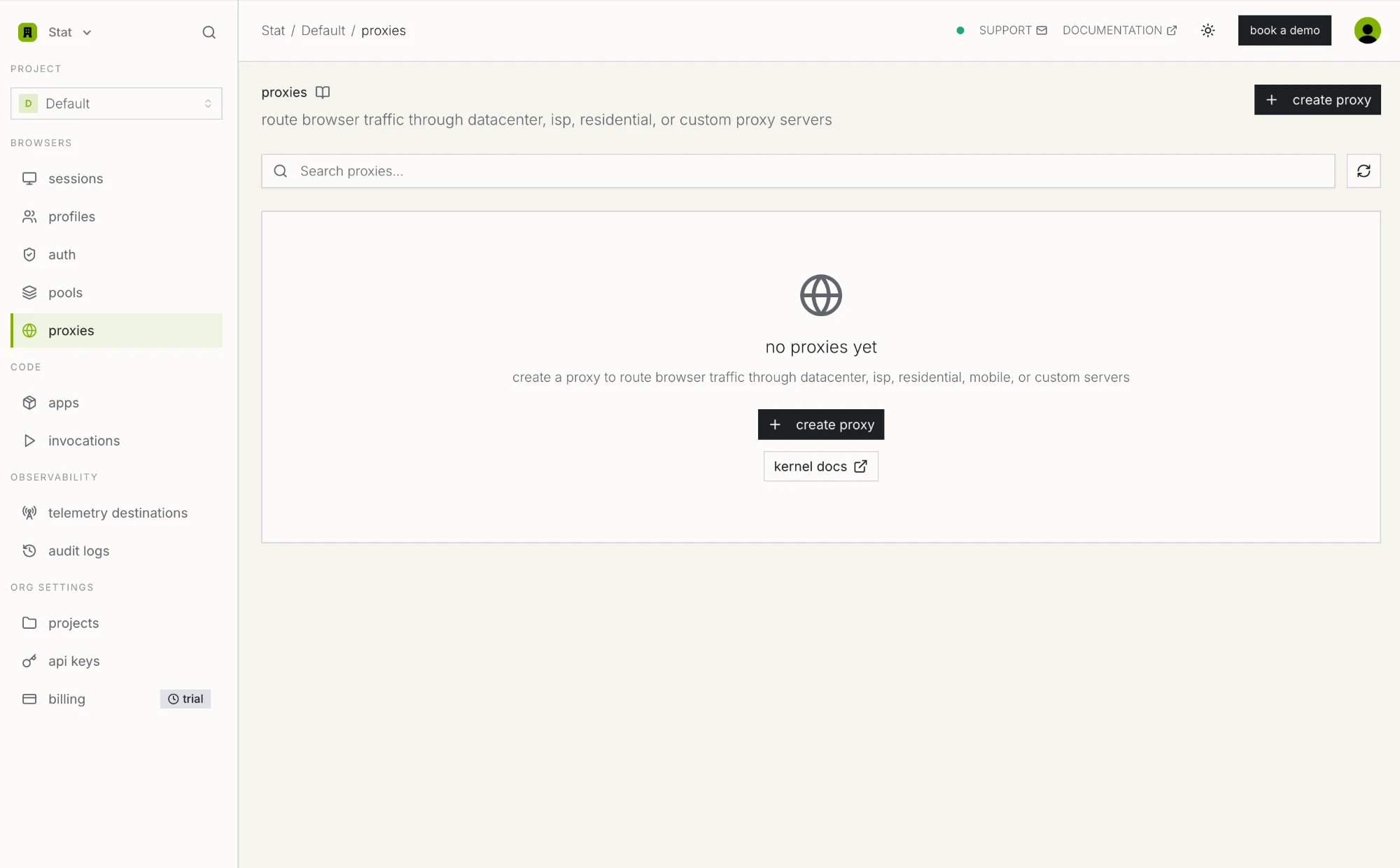 Step 3a: the proxies page. Proxy configurations are project-scoped, so check the project name in the breadcrumb before you create one. The Kernel dashboard proxies page in its empty state, with a create proxy button